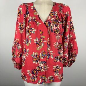 Zach & Rachel Women's Bubble Eye Lit Sleeve Button Down Floral Blouse Medium